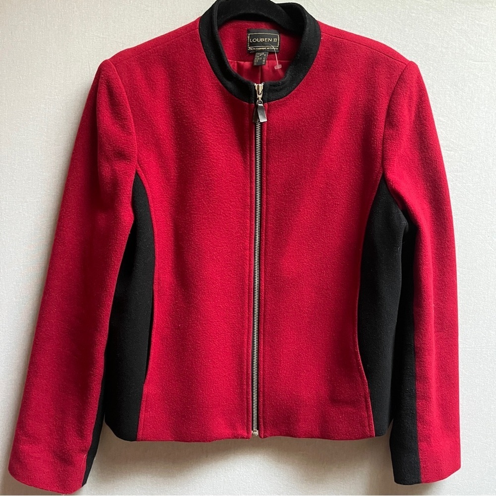 Vintage Louben II Red Black Wool Cashmere Zip Blazer Jacket Colorblock Coat 12